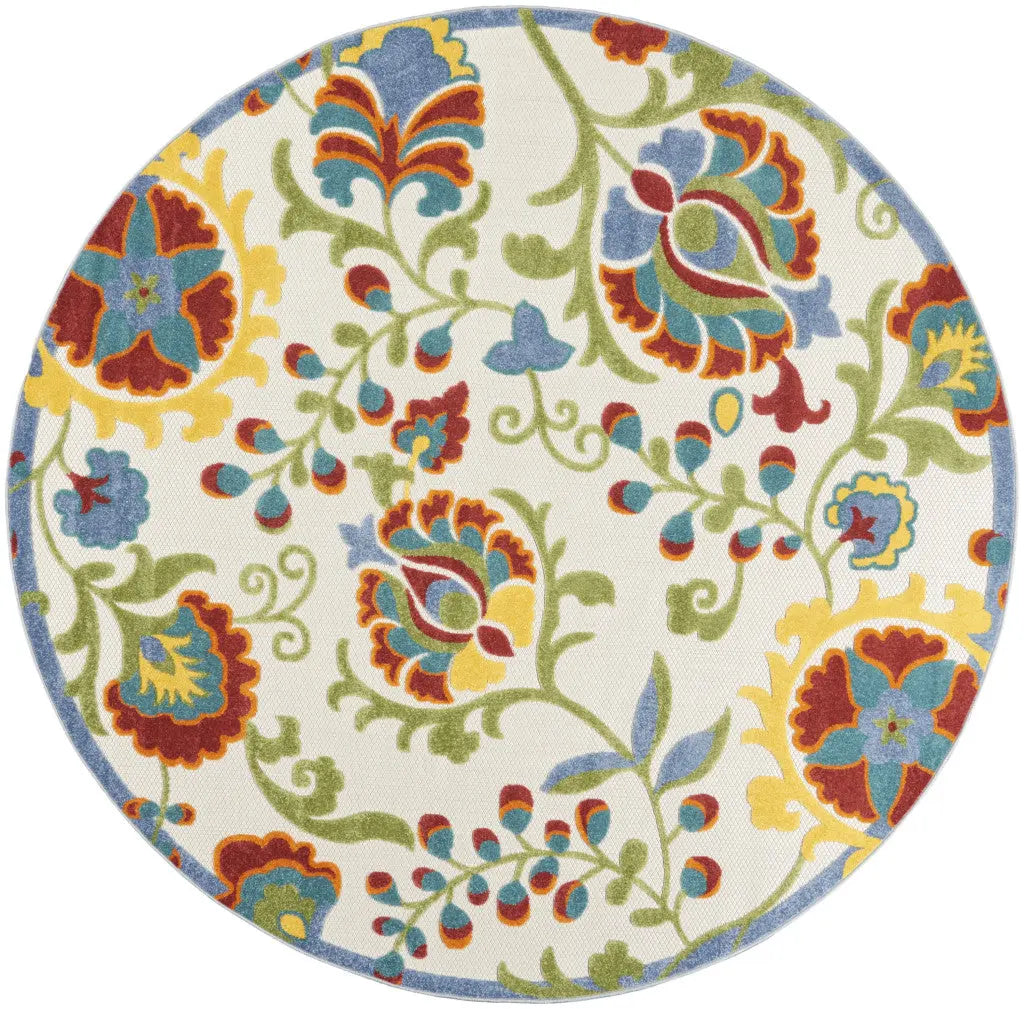8' Ivory Green Red And Yellow Round Floral Indoor Outdoor Area Rug Homeroots Outdoor