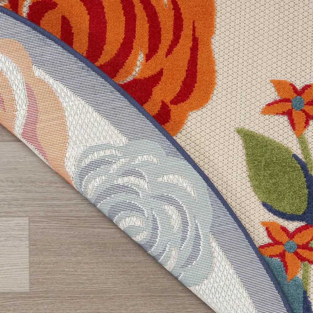 8' Ivory Orange and Blue Round Floral Indoor Outdoor Area Rug Homeroots Outdoor