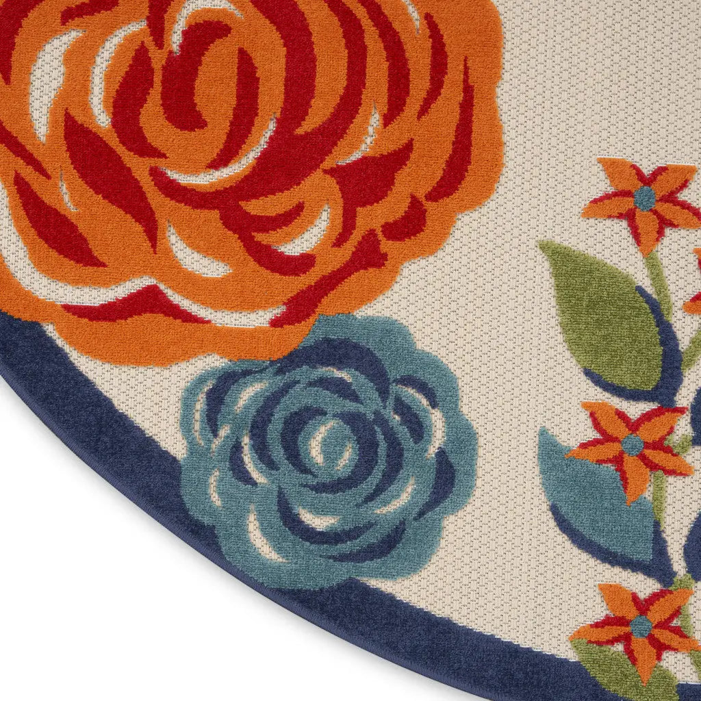 8' Ivory Orange and Blue Round Floral Indoor Outdoor Area Rug Homeroots Outdoor