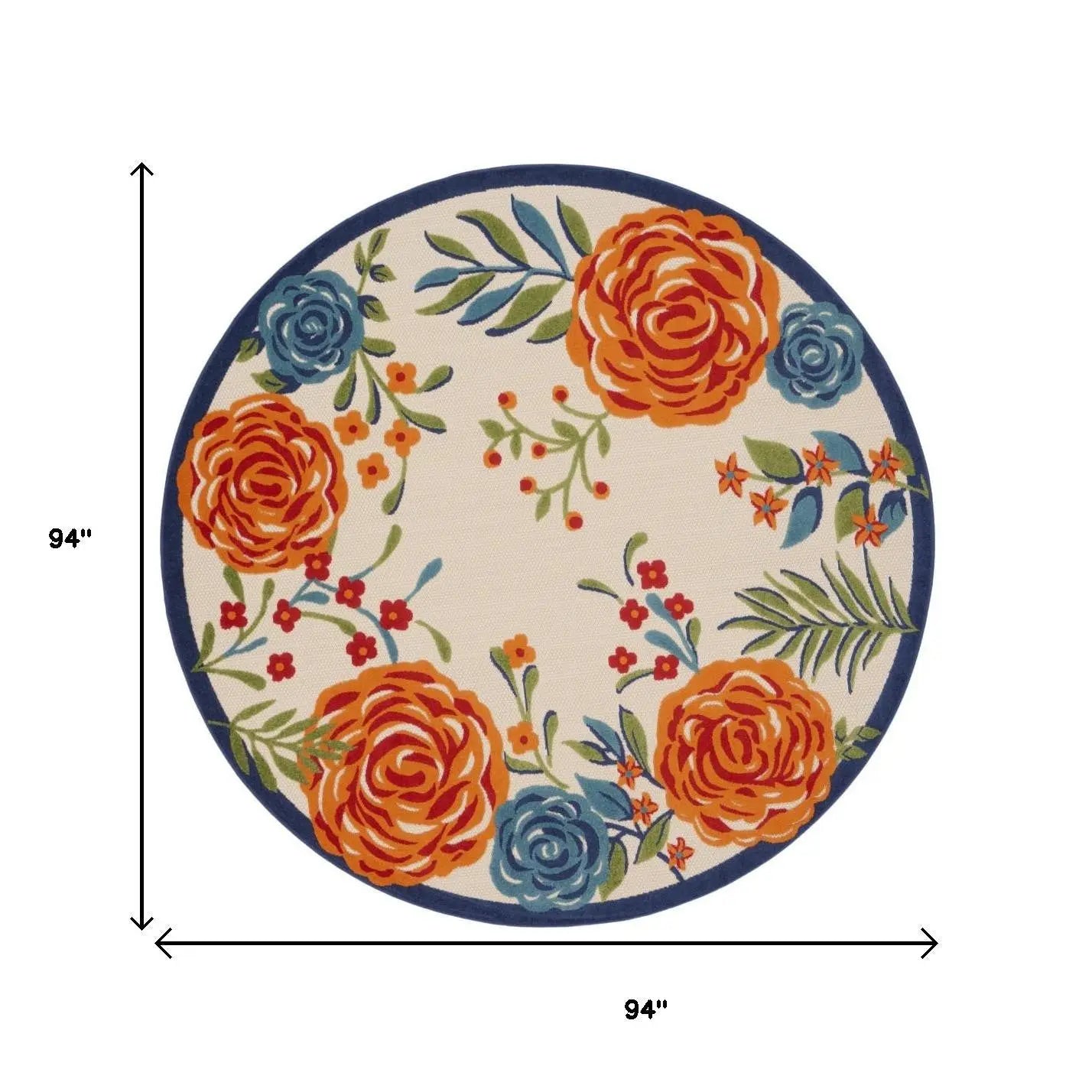 8' Ivory Orange and Blue Round Floral Indoor Outdoor Area Rug Homeroots Outdoor