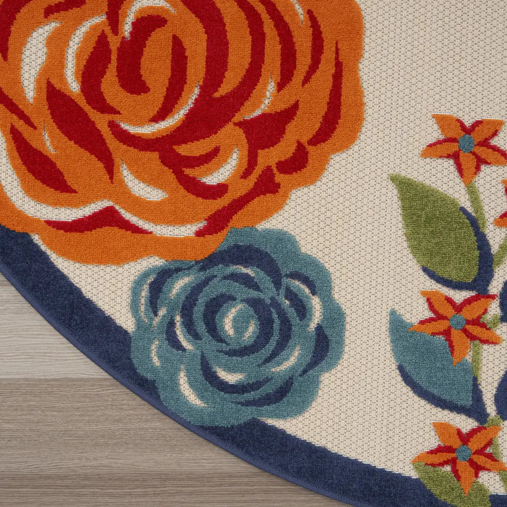 8' Ivory Orange and Blue Round Floral Indoor Outdoor Area Rug Homeroots Outdoor