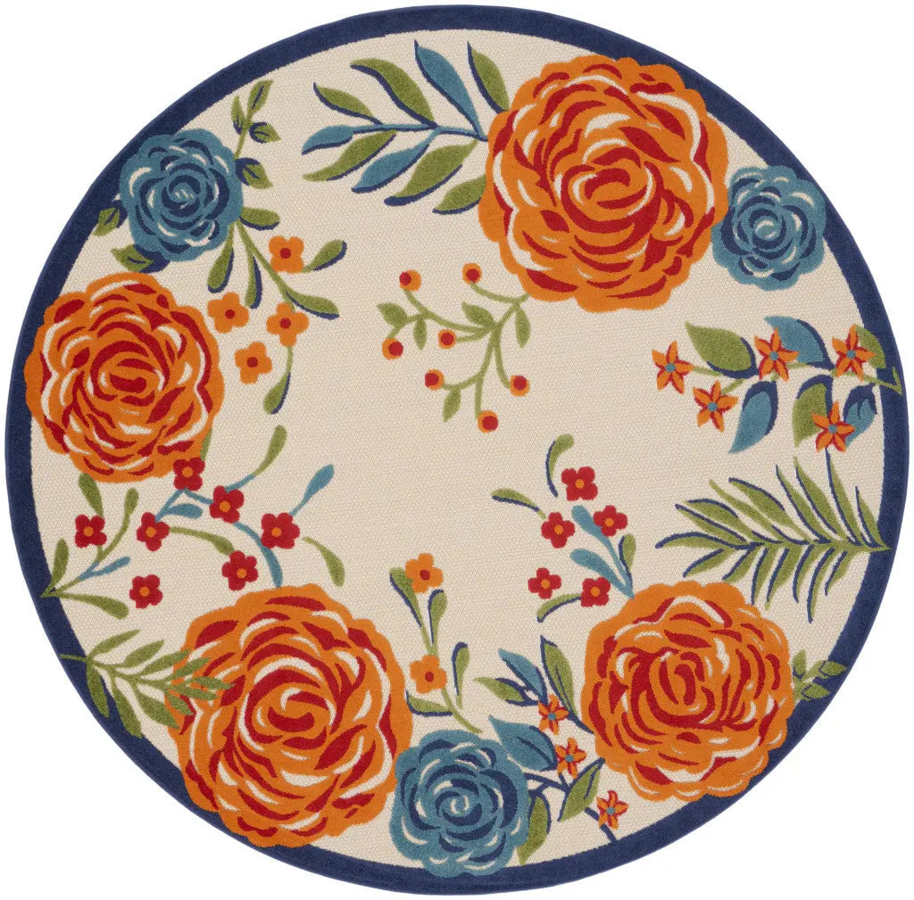 8' Ivory Orange and Blue Round Floral Indoor Outdoor Area Rug Homeroots Outdoor