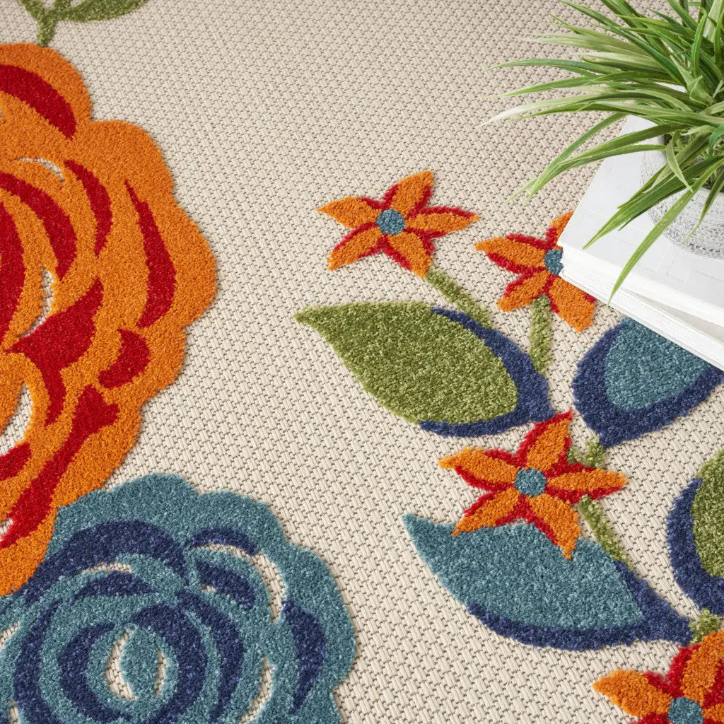 8' Ivory Orange and Blue Round Floral Indoor Outdoor Area Rug Homeroots Outdoor