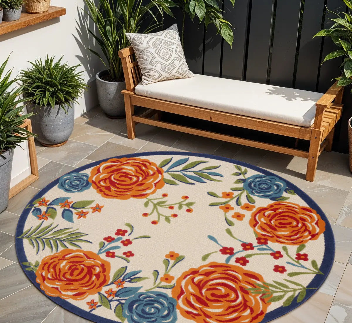 8' Ivory Orange and Blue Round Floral Indoor Outdoor Area Rug Homeroots Outdoor