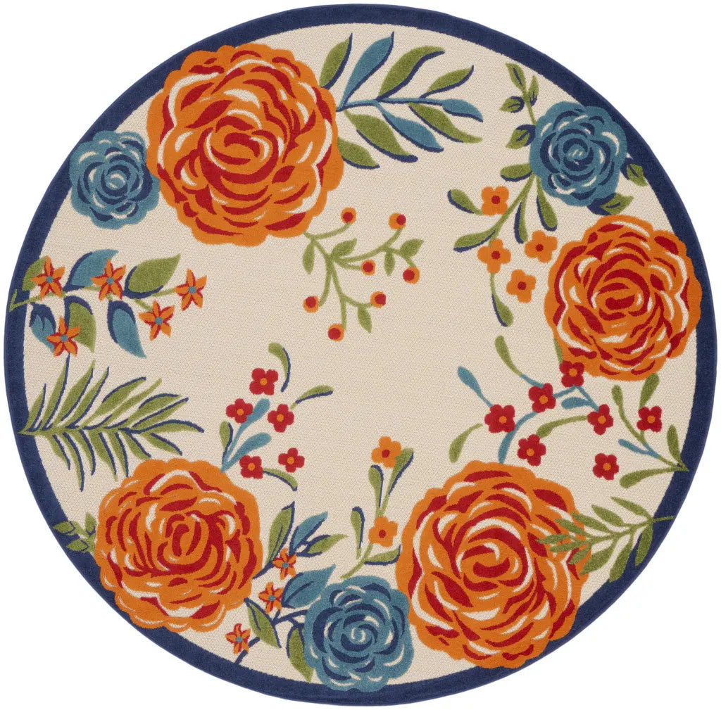 8' Ivory Orange and Blue Round Floral Indoor Outdoor Area Rug Homeroots Outdoor