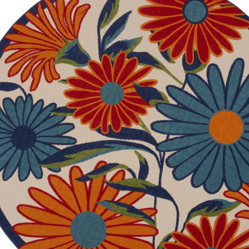 8' Ivory Orange and Blue Round Floral Indoor Outdoor Area Rug Homeroots Outdoor
