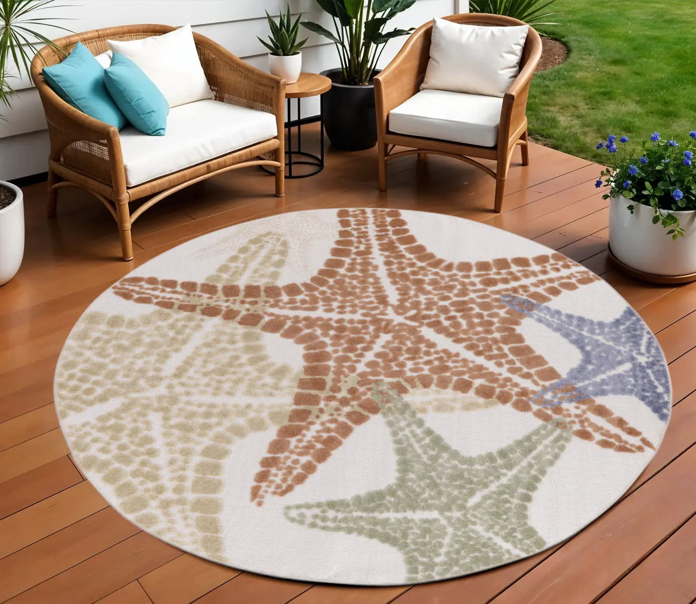8' Ivory Yellow Orange And Green Round Starfish Indoor Outdoor Area Rug Homeroots Outdoor