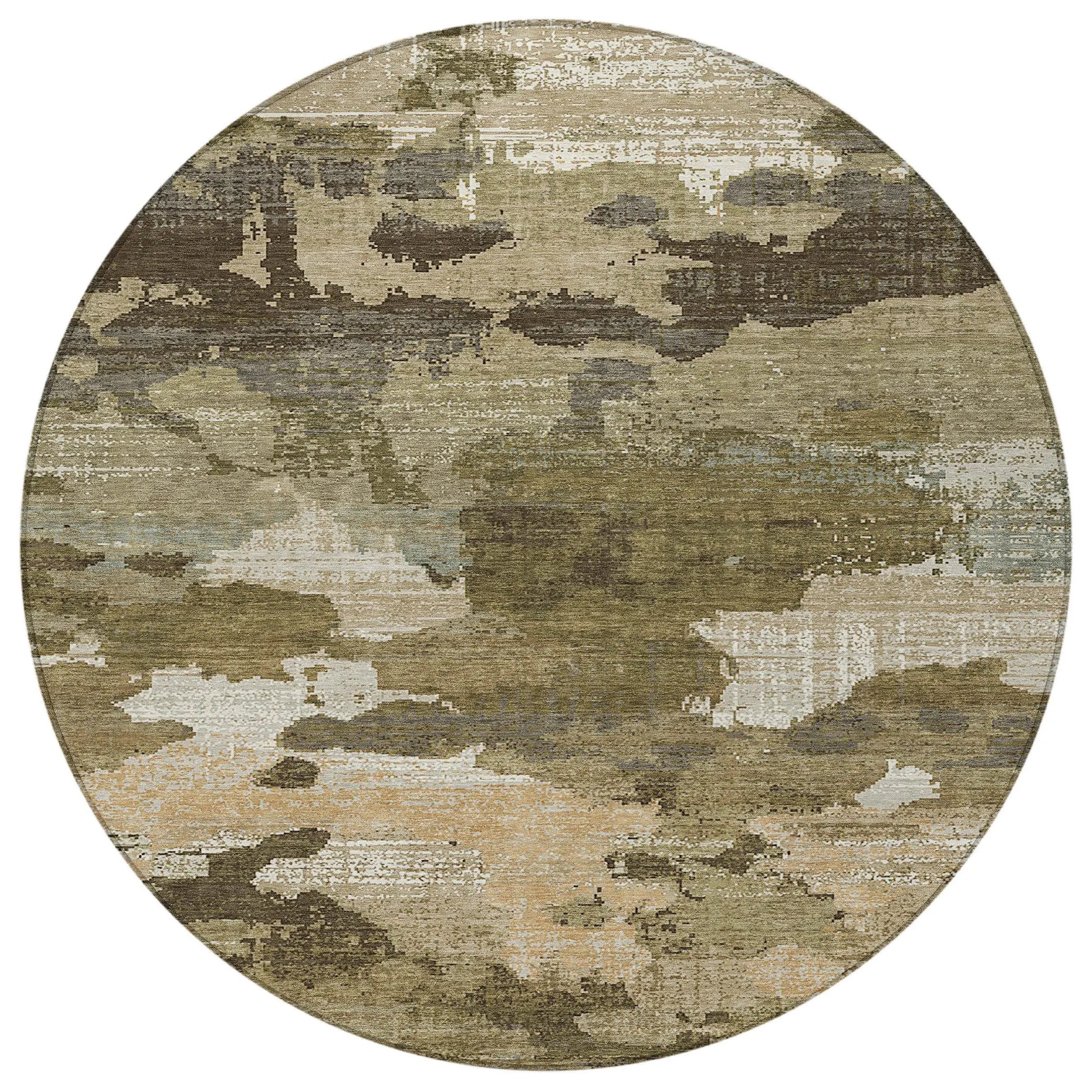 8' Khaki And Beige Round Abstract Washable Indoor Outdoor Area Rug Homeroots Outdoor