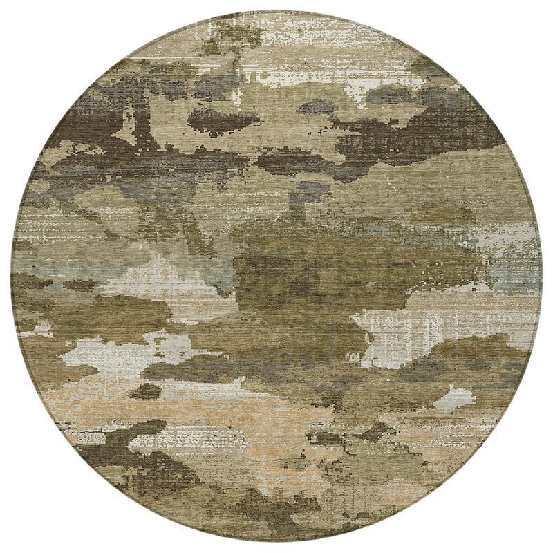 8' Khaki And Beige Round Abstract Washable Indoor Outdoor Area Rug Homeroots Outdoor