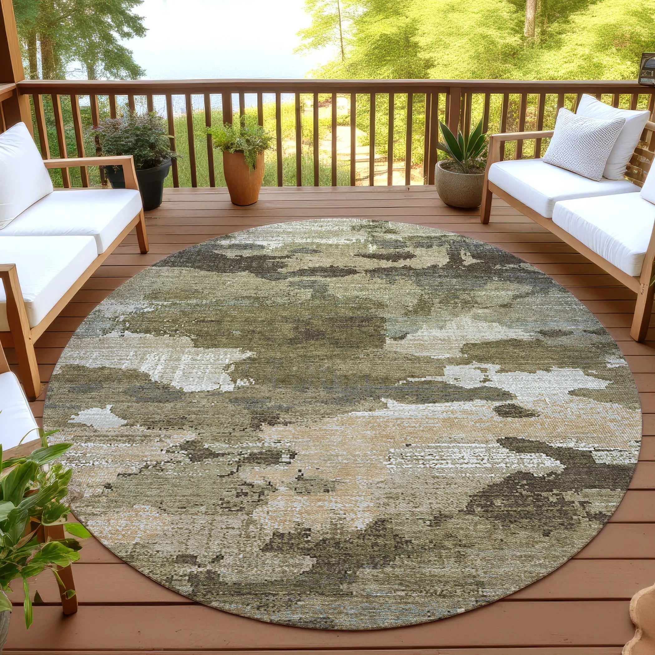 8' Khaki And Beige Round Abstract Washable Indoor Outdoor Area Rug Homeroots Outdoor