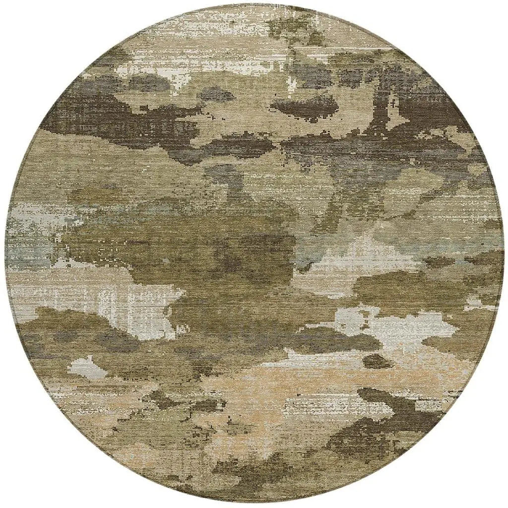 8' Khaki And Beige Round Abstract Washable Indoor Outdoor Area Rug Homeroots Outdoor
