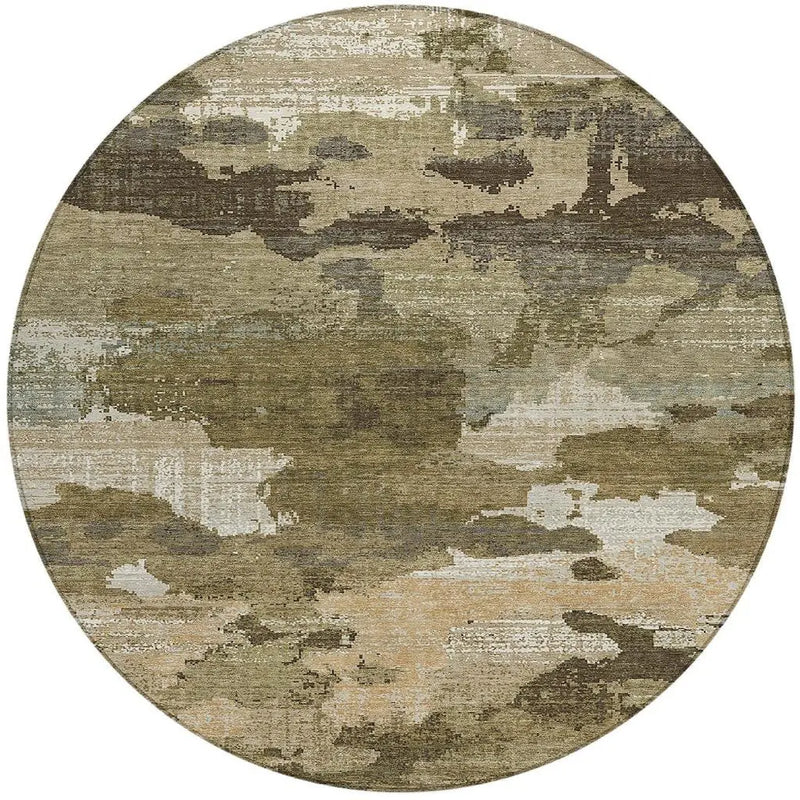 8' Khaki And Beige Round Abstract Washable Indoor Outdoor Area Rug Homeroots Outdoor