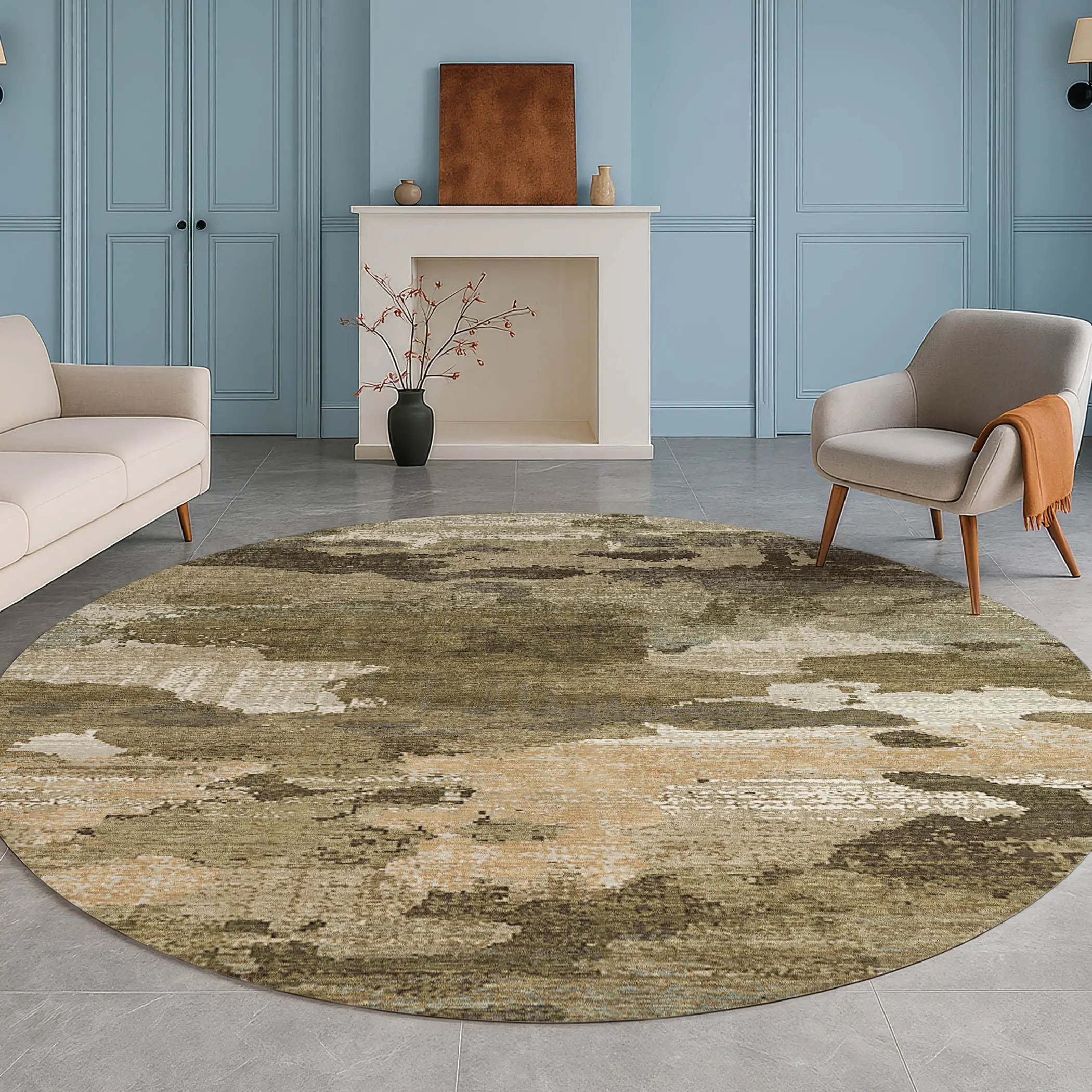 8' Khaki And Beige Round Abstract Washable Indoor Outdoor Area Rug Homeroots Outdoor