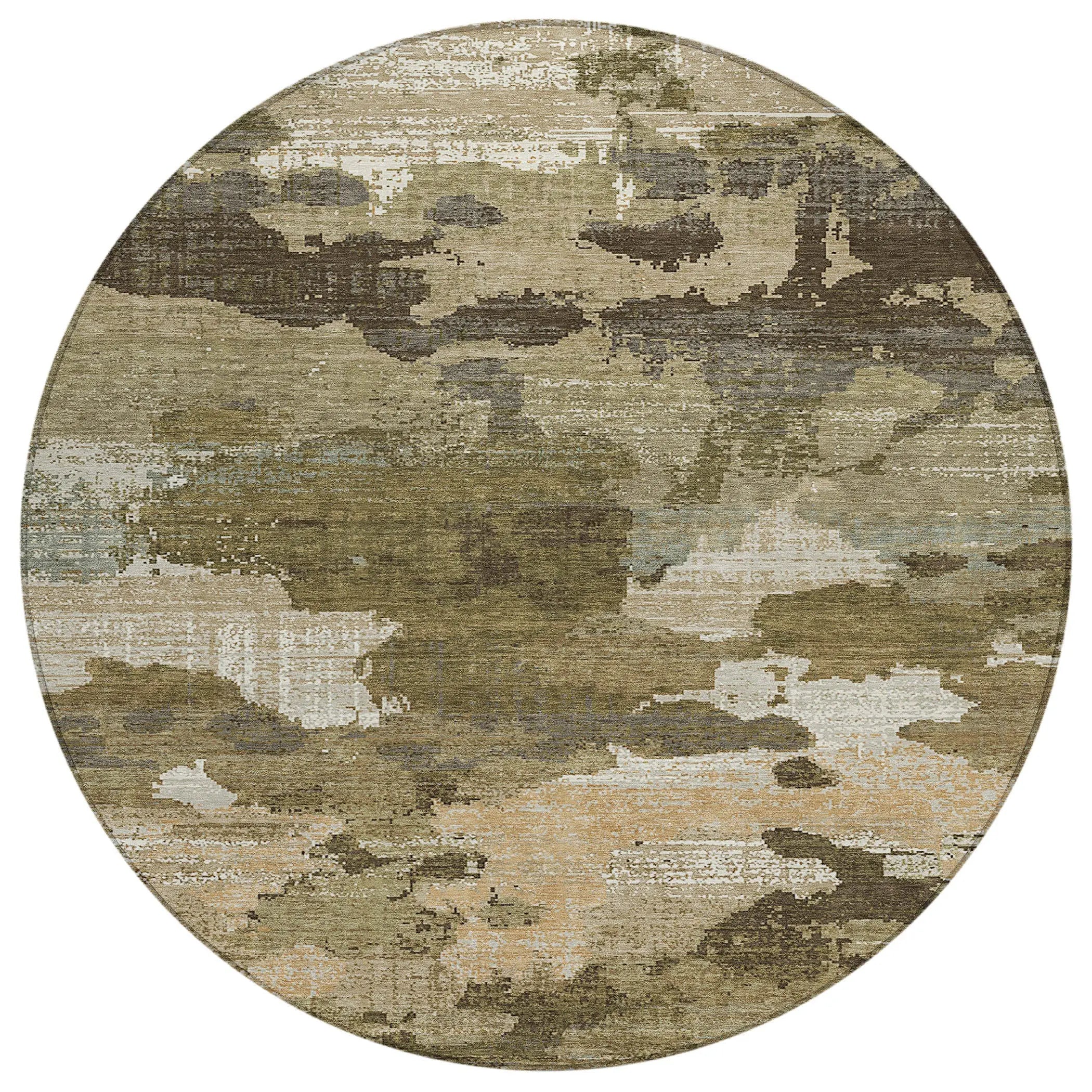 8' Khaki And Beige Round Abstract Washable Indoor Outdoor Area Rug Homeroots Outdoor