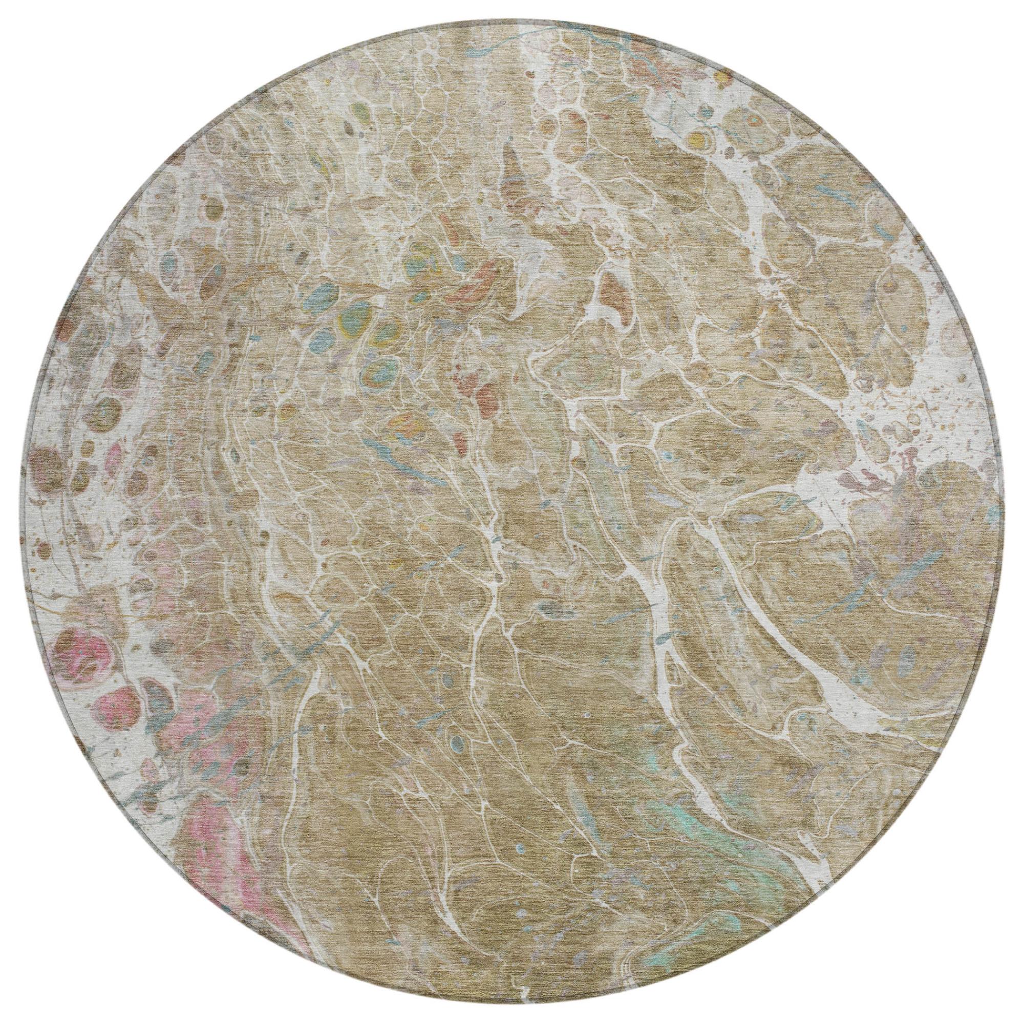 8' Khaki And Brown Round Abstract Washable Indoor Outdoor Area Rug Homeroots Outdoor