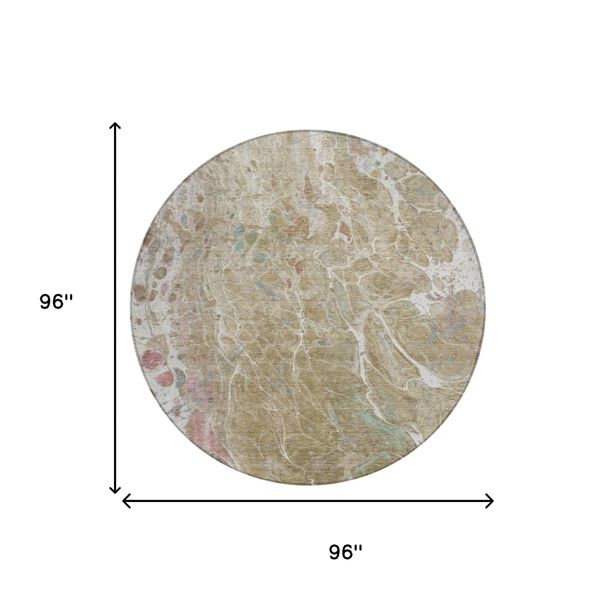 8' Khaki And Brown Round Abstract Washable Indoor Outdoor Area Rug Homeroots Outdoor