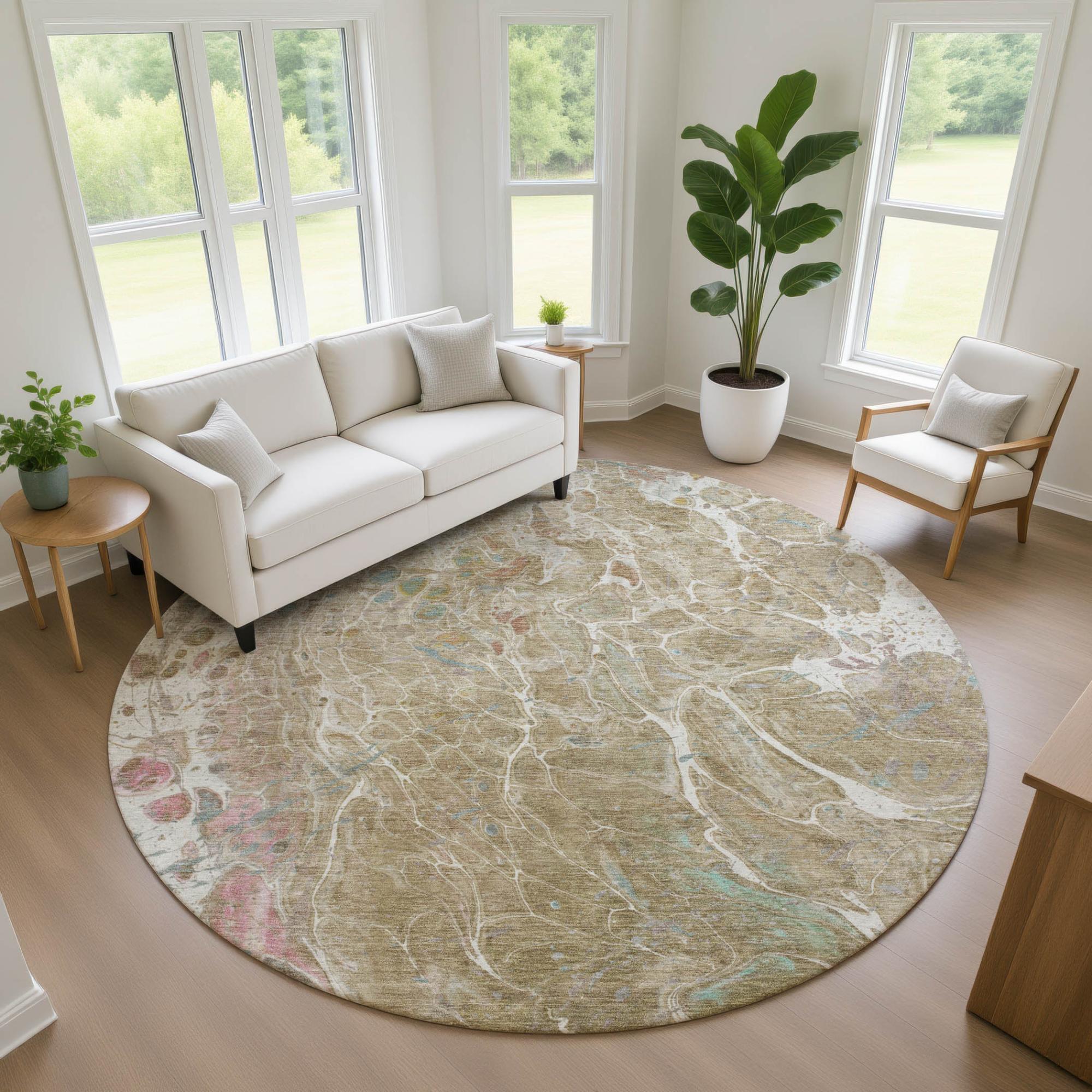 8' Khaki And Brown Round Abstract Washable Indoor Outdoor Area Rug Homeroots Outdoor