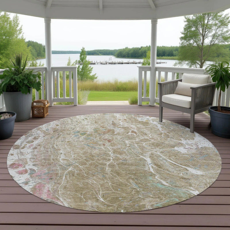 8' Khaki And Brown Round Abstract Washable Indoor Outdoor Area Rug Homeroots Outdoor