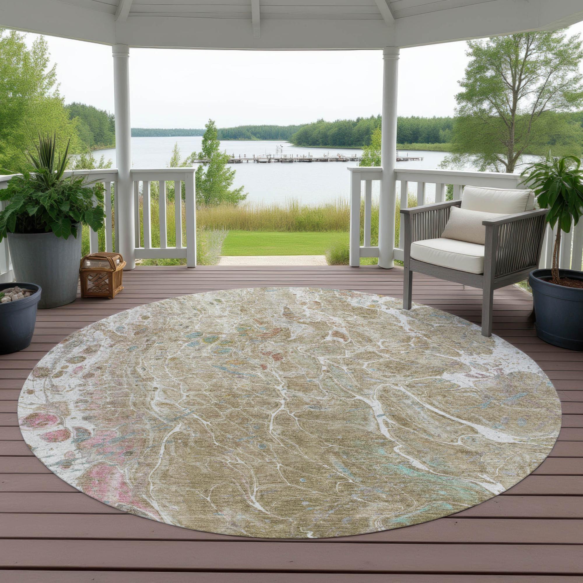8' Khaki And Brown Round Abstract Washable Indoor Outdoor Area Rug Homeroots Outdoor