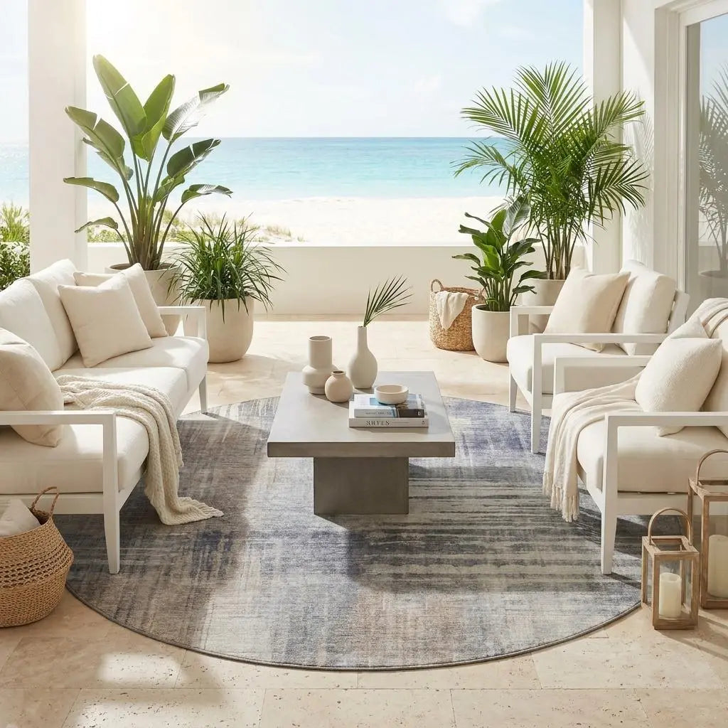 8' Khaki And Brown Round Abstract Washable Indoor Outdoor Area Rug Homeroots Outdoor