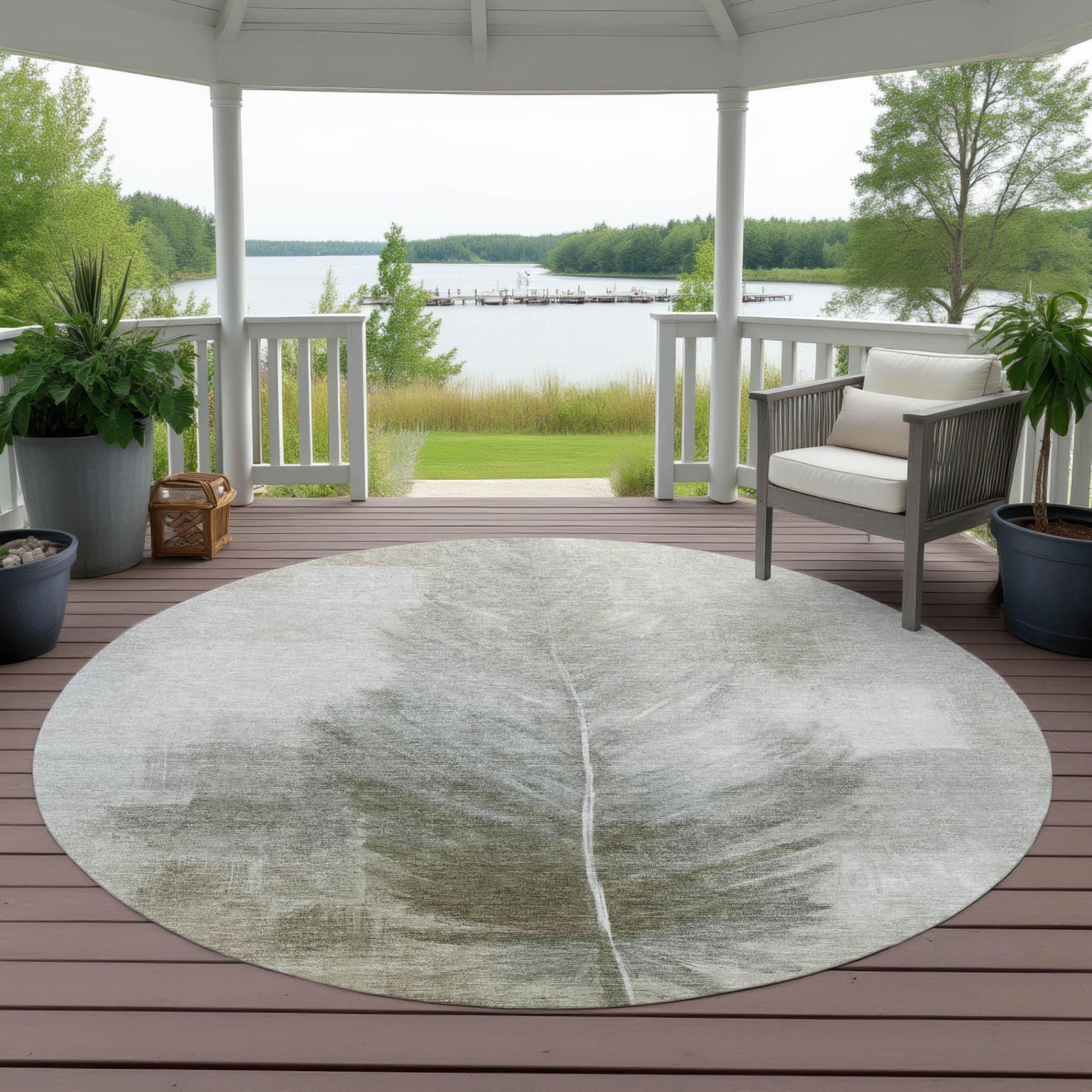 8' Khaki And Brown Round Botanical Leaves Washable Indoor Outdoor Area Rug Homeroots Outdoor