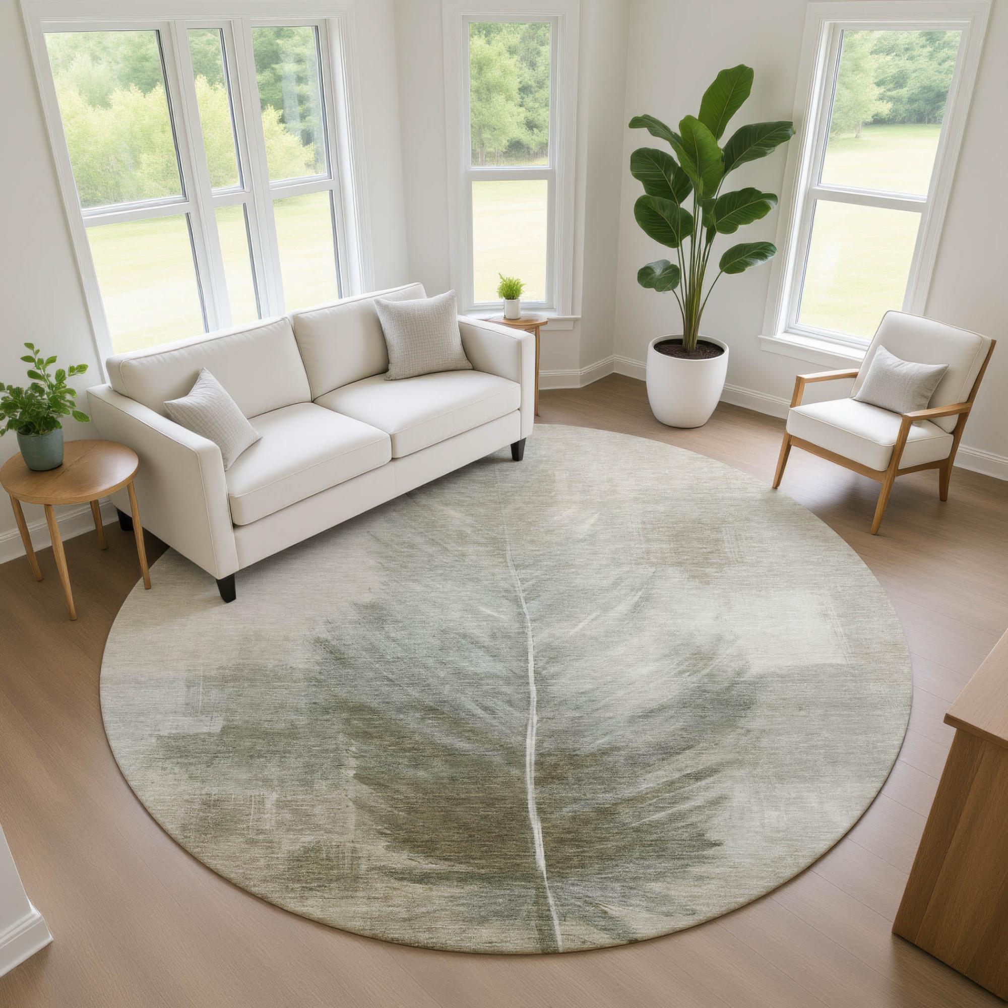 8' Khaki And Brown Round Botanical Leaves Washable Indoor Outdoor Area Rug Homeroots Outdoor