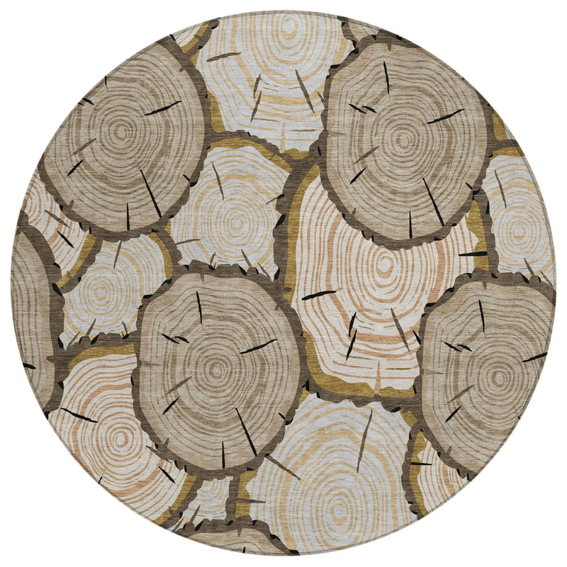 8' Khaki And Brown Round Faux Bois Washable Indoor Outdoor Area Rug Homeroots Outdoor