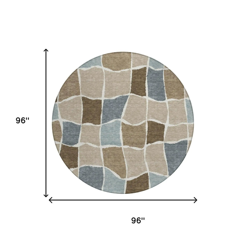 8' Khaki And Brown Round Geometric Washable Indoor Outdoor Area Rug Homeroots Outdoor