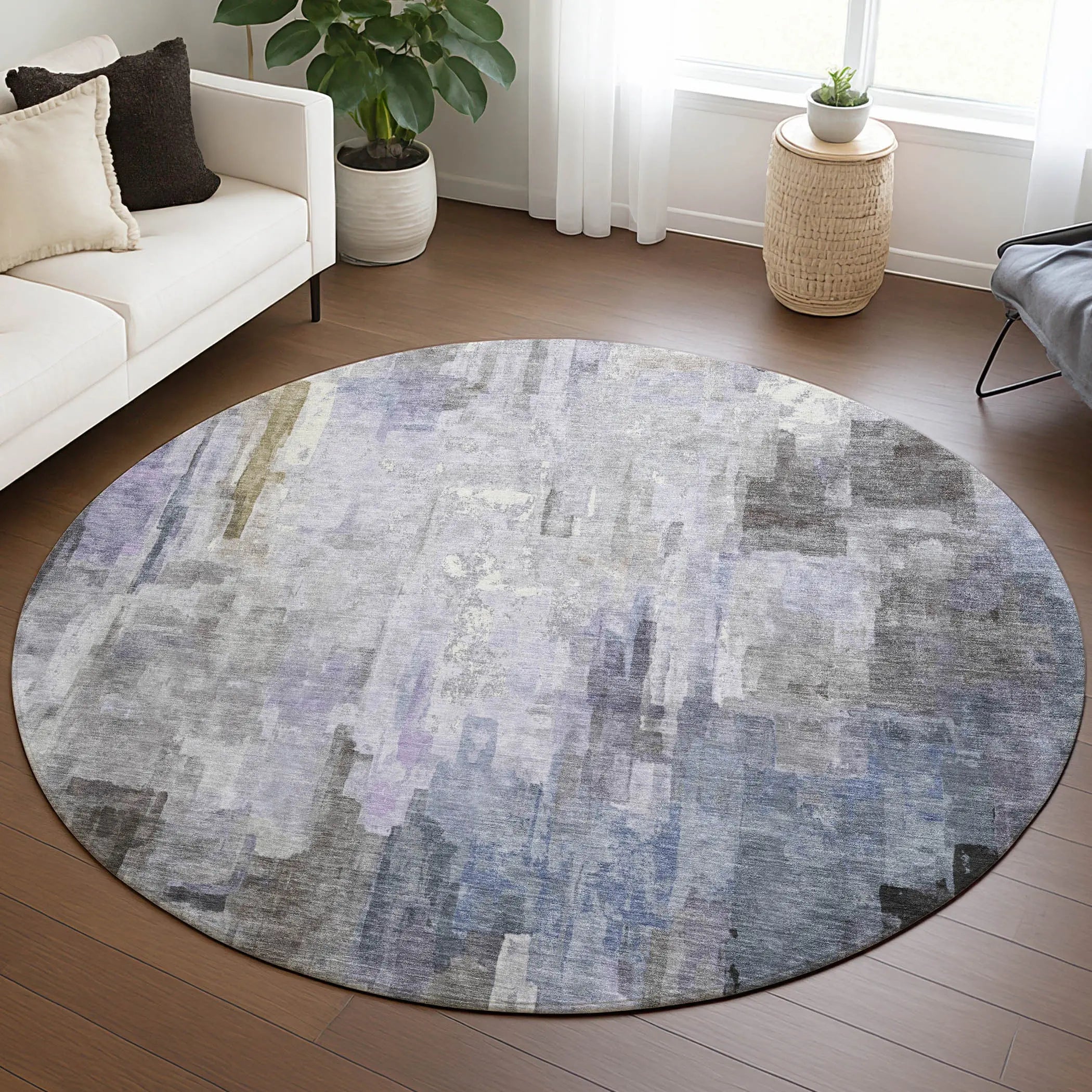 8' Lavender And Gray Round Abstract Washable Indoor Outdoor Area Rug Homeroots Outdoor