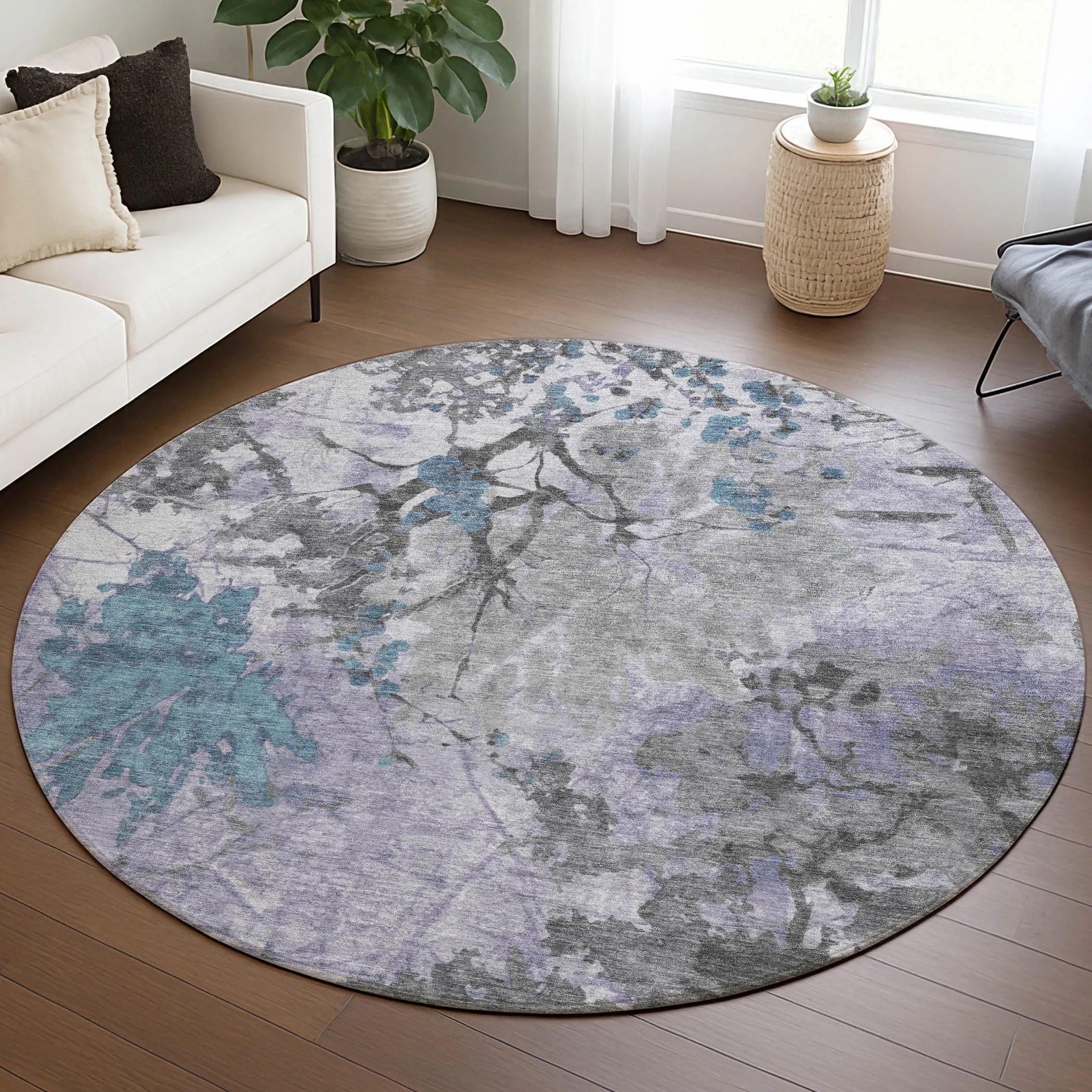 8' Lavender And Ivory Round Abstract Washable Indoor Outdoor Area Rug Homeroots Outdoor