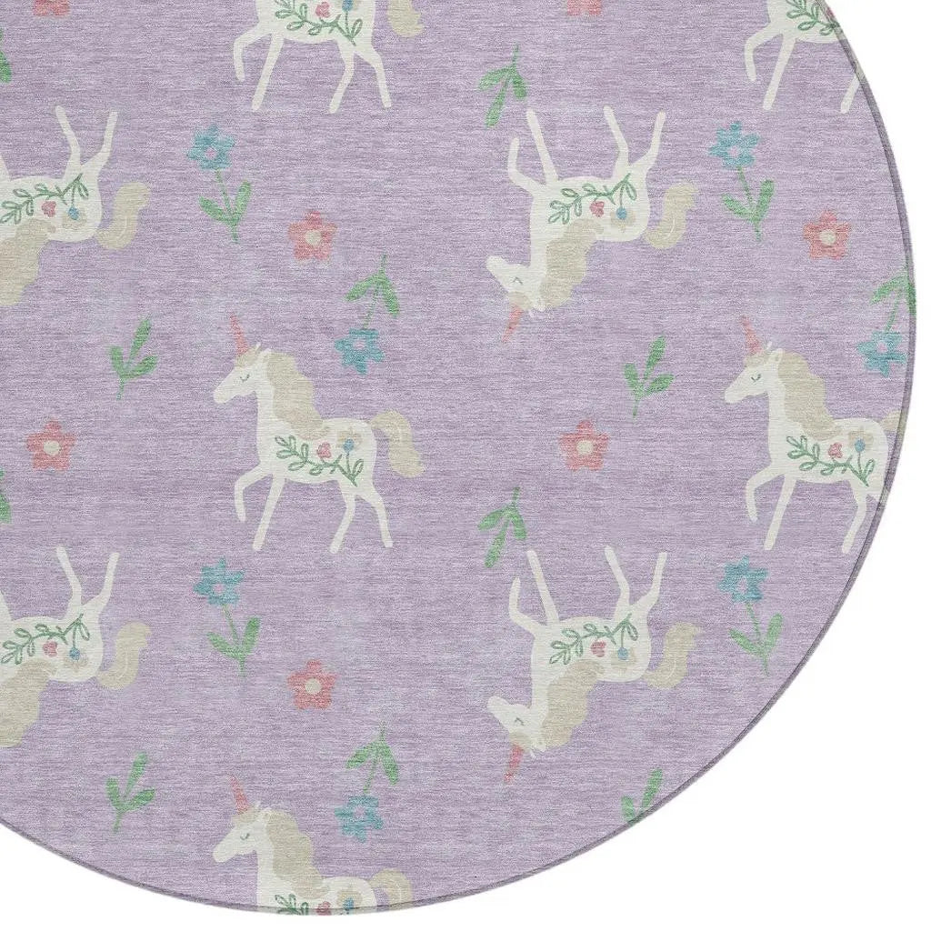 8' Lavender And Ivory Round Floral Washable Indoor Outdoor Area Rug Homeroots Outdoor