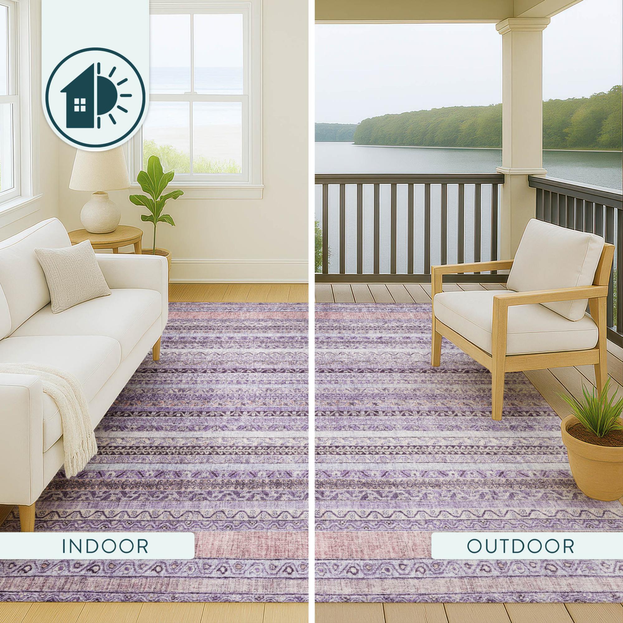 8' Lavender And Purple Round Striped Washable Indoor Outdoor Area Rug Homeroots Outdoor