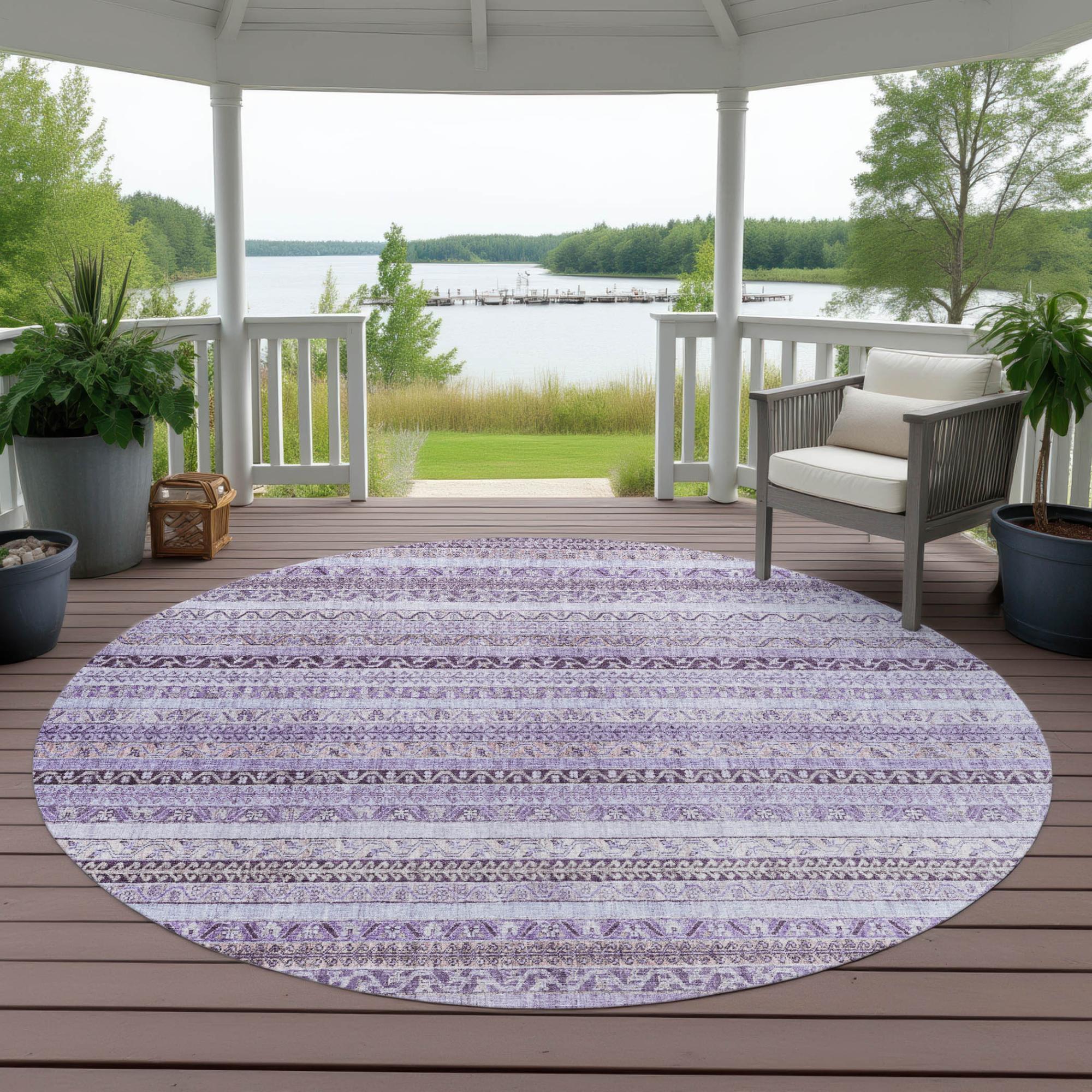 8' Lavender And Purple Round Striped Washable Indoor Outdoor Area Rug Homeroots Outdoor
