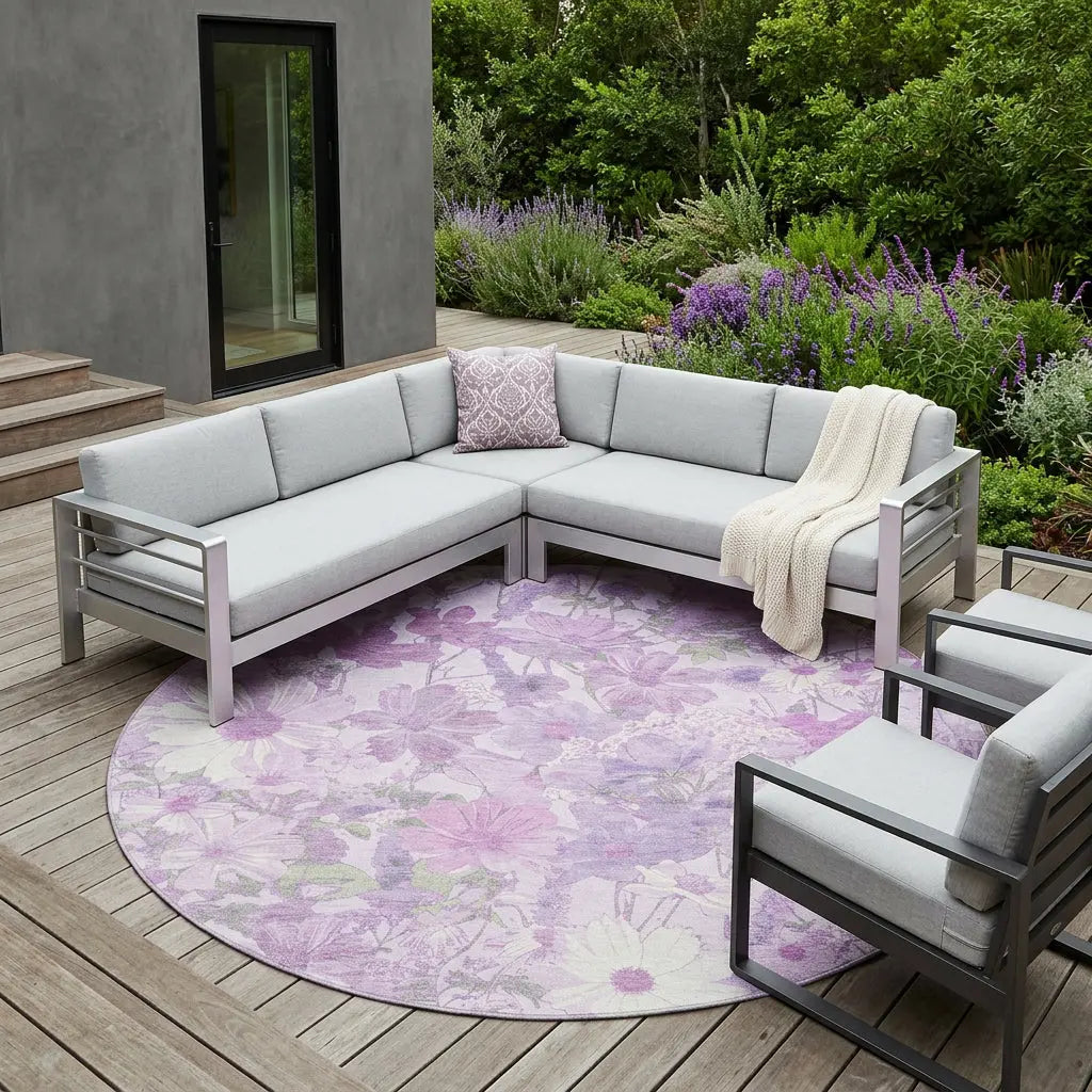 8' Lavender Purple And Lilac Round Floral Washable Indoor Outdoor Area Rug Homeroots Outdoor