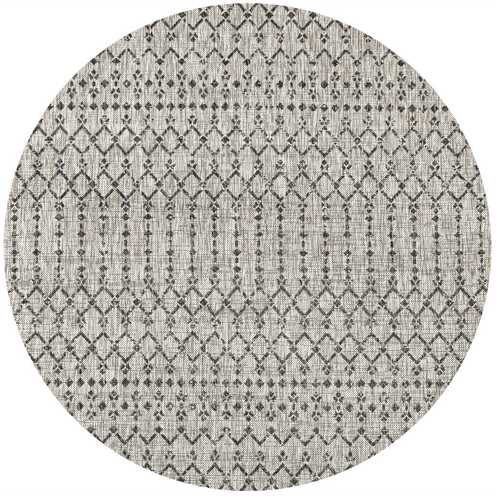 8' Light Gray And Black Round Trellis Indoor Outdoor Area Rug - GreatEagleInc