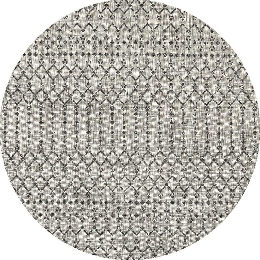 8' Light Gray And Black Round Trellis Indoor Outdoor Area Rug - GreatEagleInc