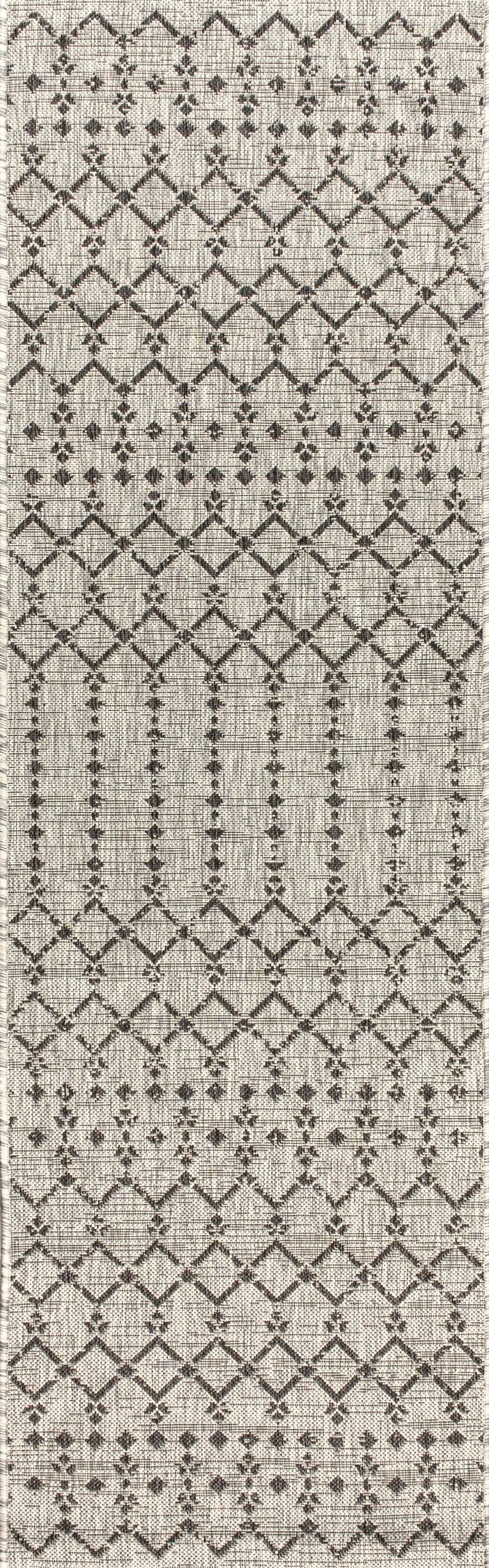 8' Light Gray And Black Trellis Indoor Outdoor Runner Rug Homeroots Outdoor