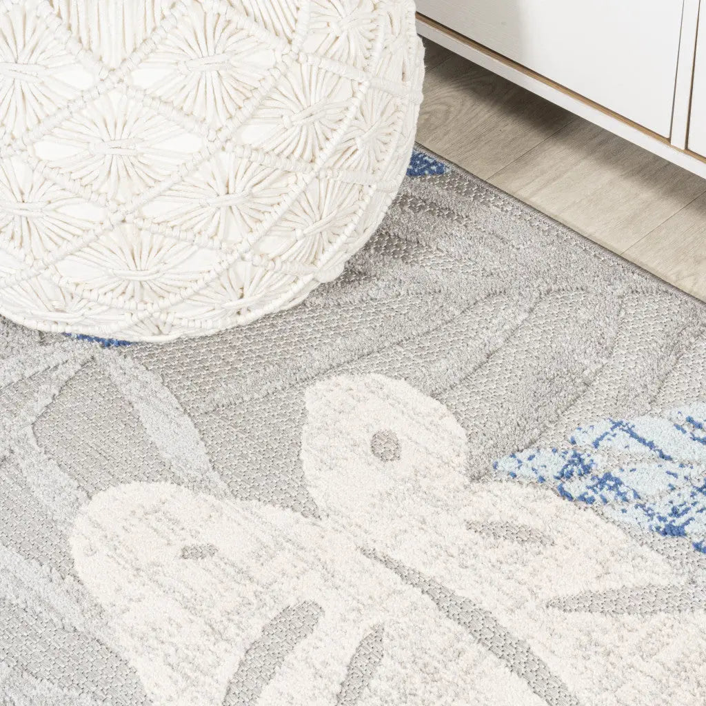 8' Light Gray And Navy Blue Floral Indoor Outdoor Runner Rug Homeroots Outdoor