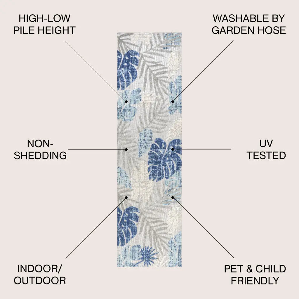 8' Light Gray And Navy Blue Floral Indoor Outdoor Runner Rug Homeroots Outdoor