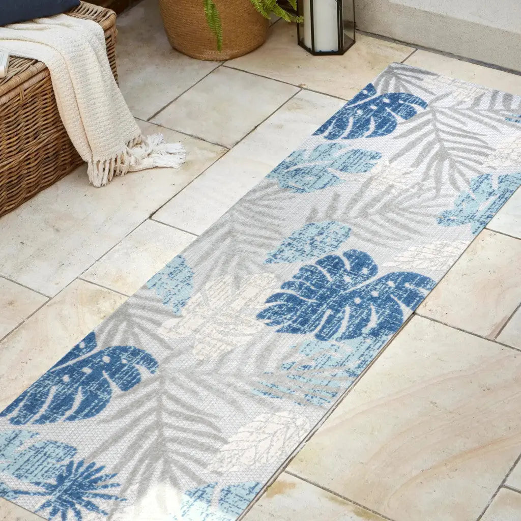 8' Light Gray And Navy Blue Floral Indoor Outdoor Runner Rug Homeroots Outdoor