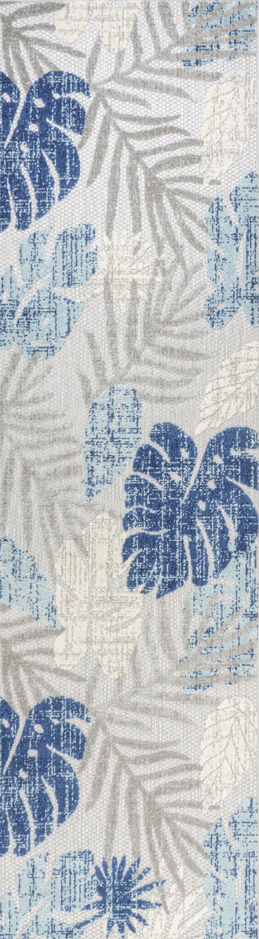 8' Light Gray And Navy Blue Floral Indoor Outdoor Runner Rug Homeroots Outdoor