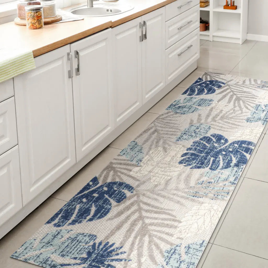 8' Light Gray And Navy Blue Floral Indoor Outdoor Runner Rug Homeroots Outdoor