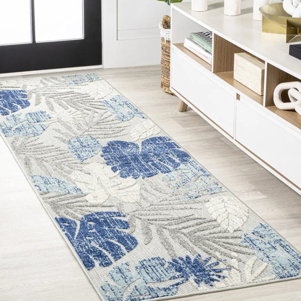 8' Light Gray And Navy Blue Floral Indoor Outdoor Runner Rug Homeroots Outdoor
