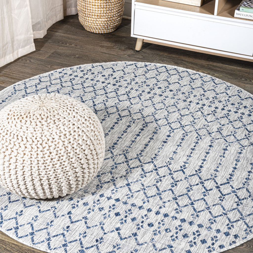 8' Light Gray And Navy Blue Round Trellis Indoor Outdoor Area Rug - GreatEagleInc