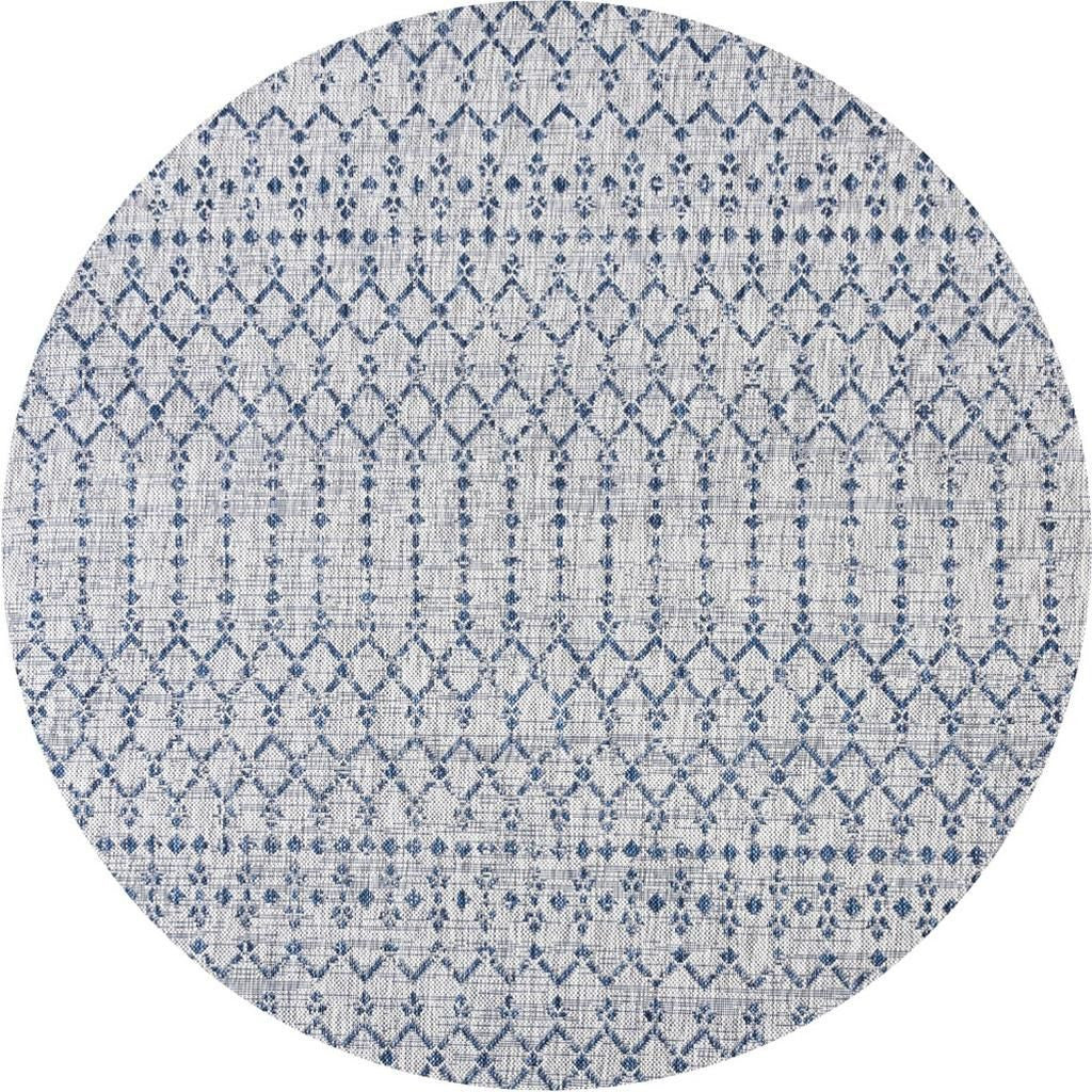 8' Light Gray And Navy Blue Round Trellis Indoor Outdoor Area Rug - GreatEagleInc