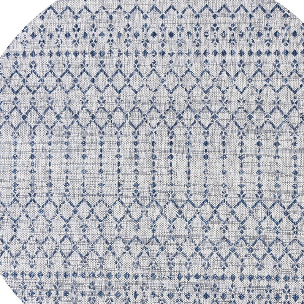 8' Light Gray And Navy Blue Round Trellis Indoor Outdoor Area Rug - GreatEagleInc