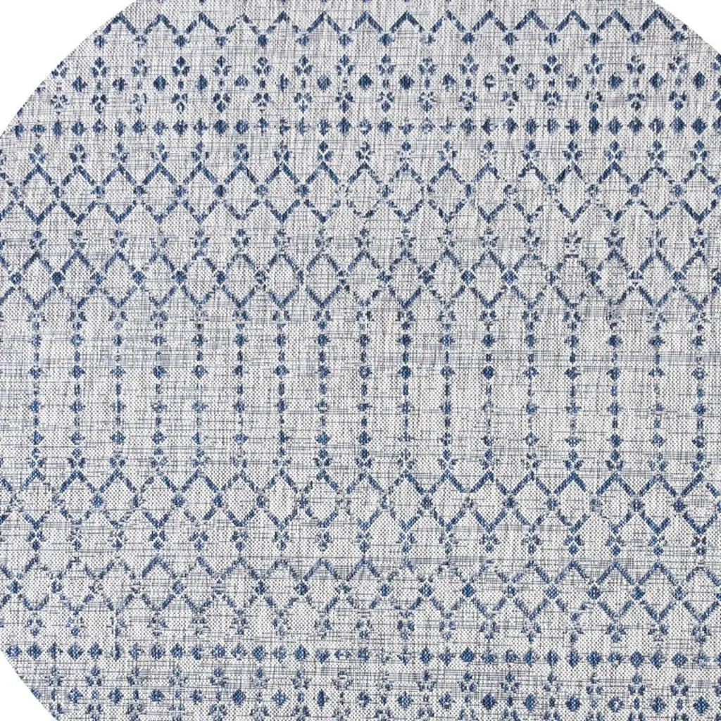 8' Light Gray And Navy Blue Round Trellis Indoor Outdoor Area Rug - GreatEagleInc