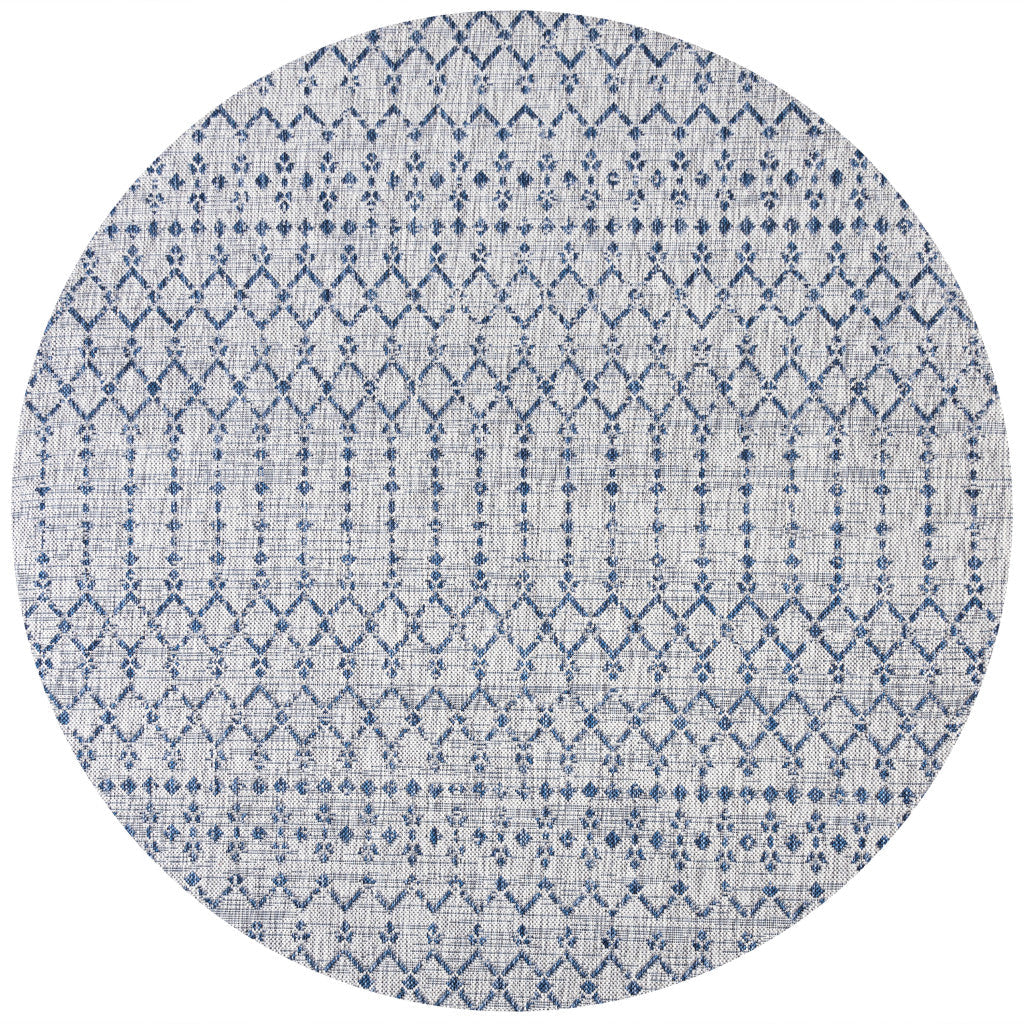 8' Light Gray And Navy Blue Round Trellis Indoor Outdoor Area Rug - GreatEagleInc