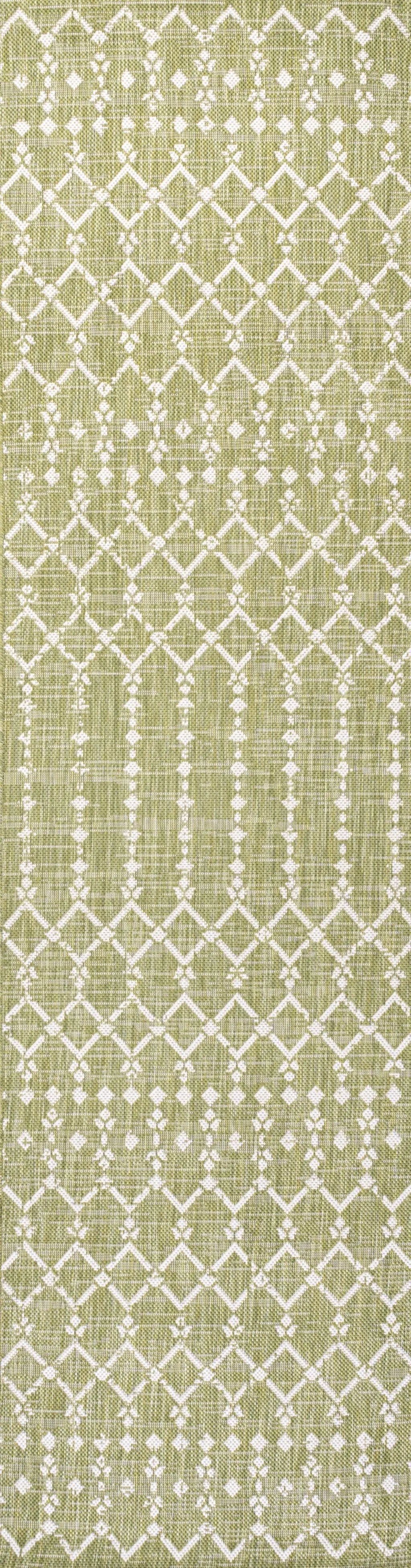8' Light Green And Cream Trellis Indoor Outdoor Runner Rug Homeroots Outdoor