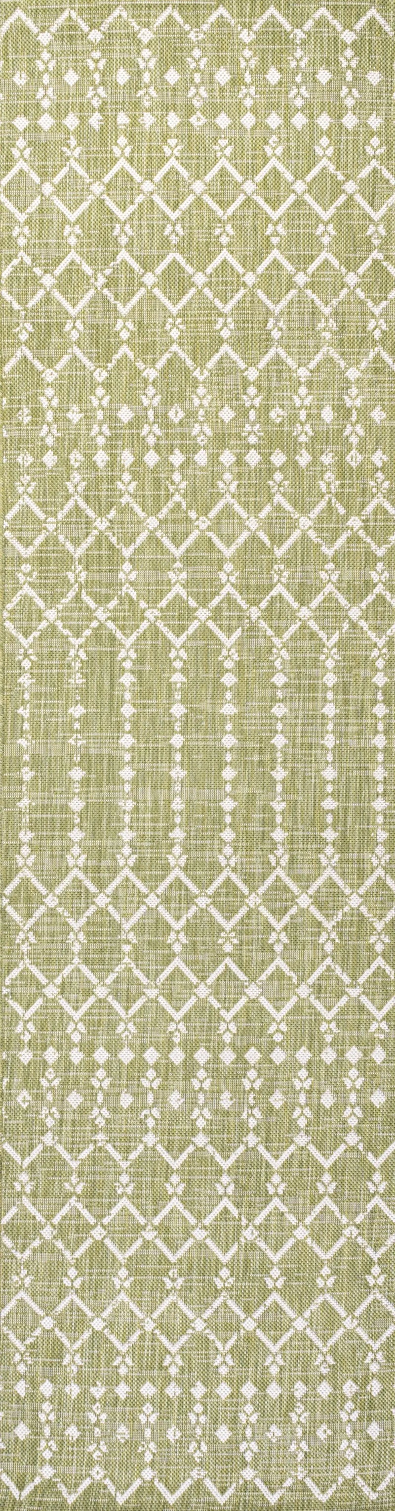 8' Light Green And Cream Trellis Indoor Outdoor Runner Rug Homeroots Outdoor